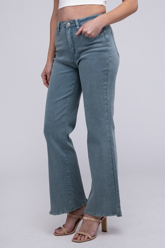 Acid Washed Frayed Cutoff Hem Straight Wide Pants