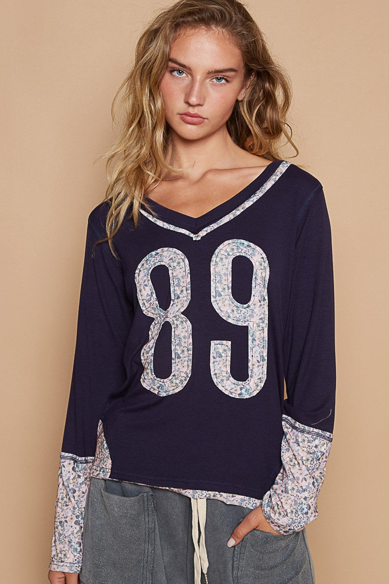 POL V-Neck Long Sleeve Floral Number Patch T-Shirt