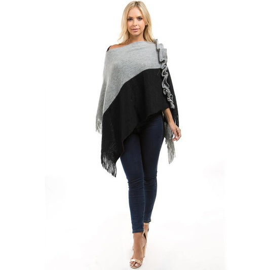 Black& Gray Fringe Trim Batwing Sleeve Sweater