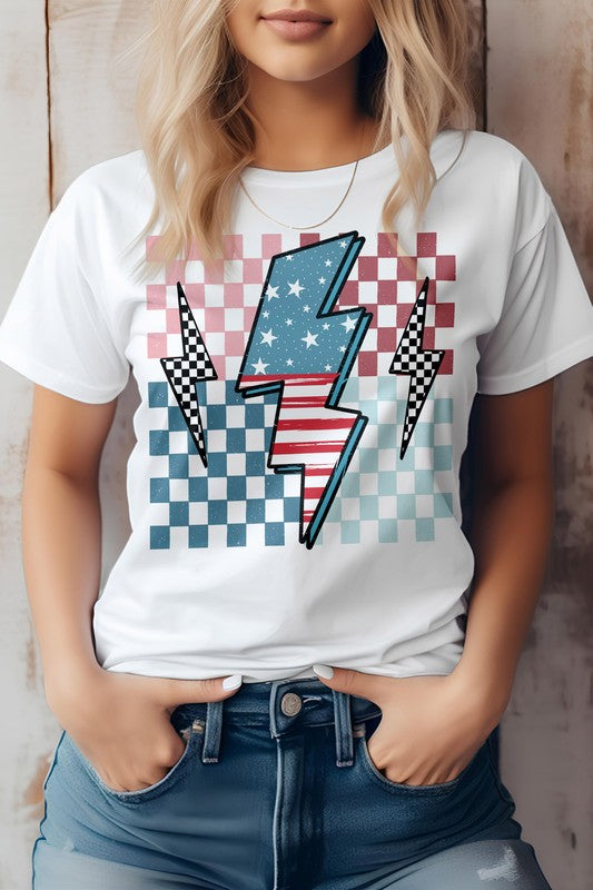 America Flag Lightning Bolt Checker Graphic Tee