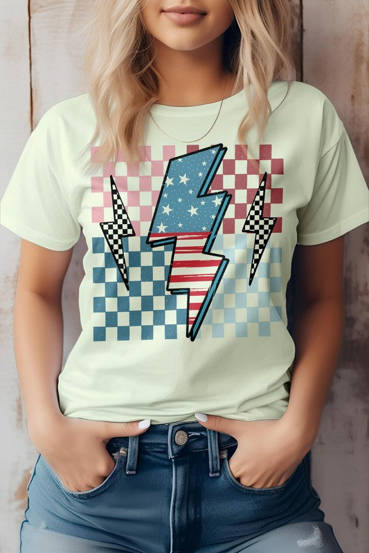 America Flag Lightning Bolt Checker Graphic Tee