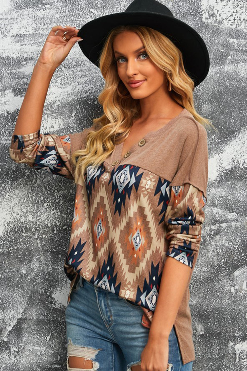 Brown Western Print Buttoned V Neck Top