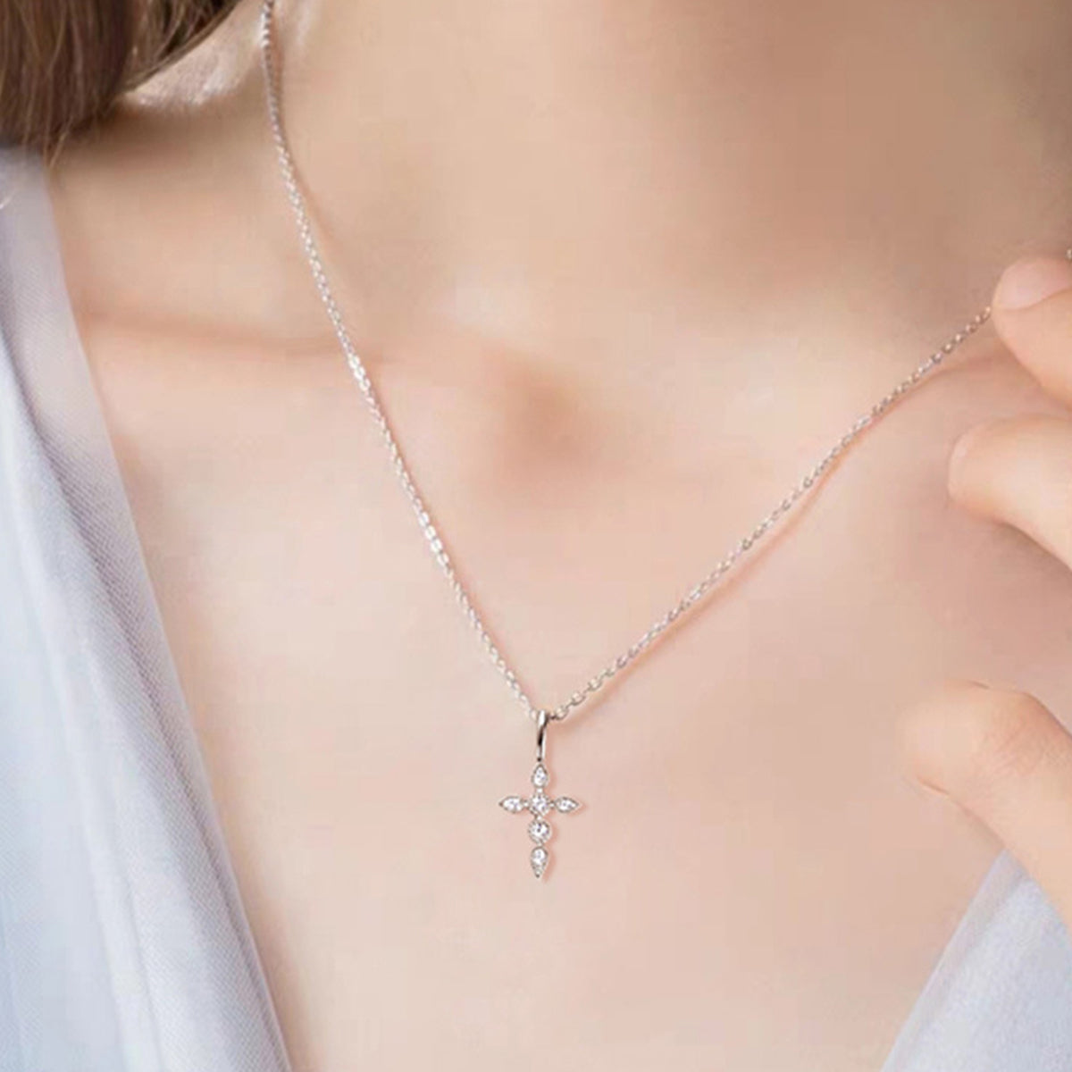 .925 Sterling Silver Moissanite Cross Pendant Necklace