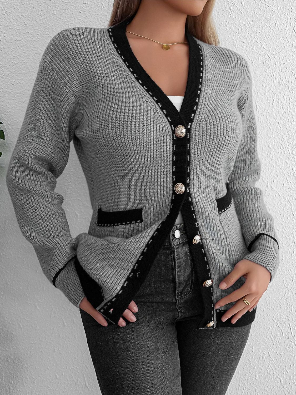 Contrast Trim Button Up Long Sleeve Cardigan