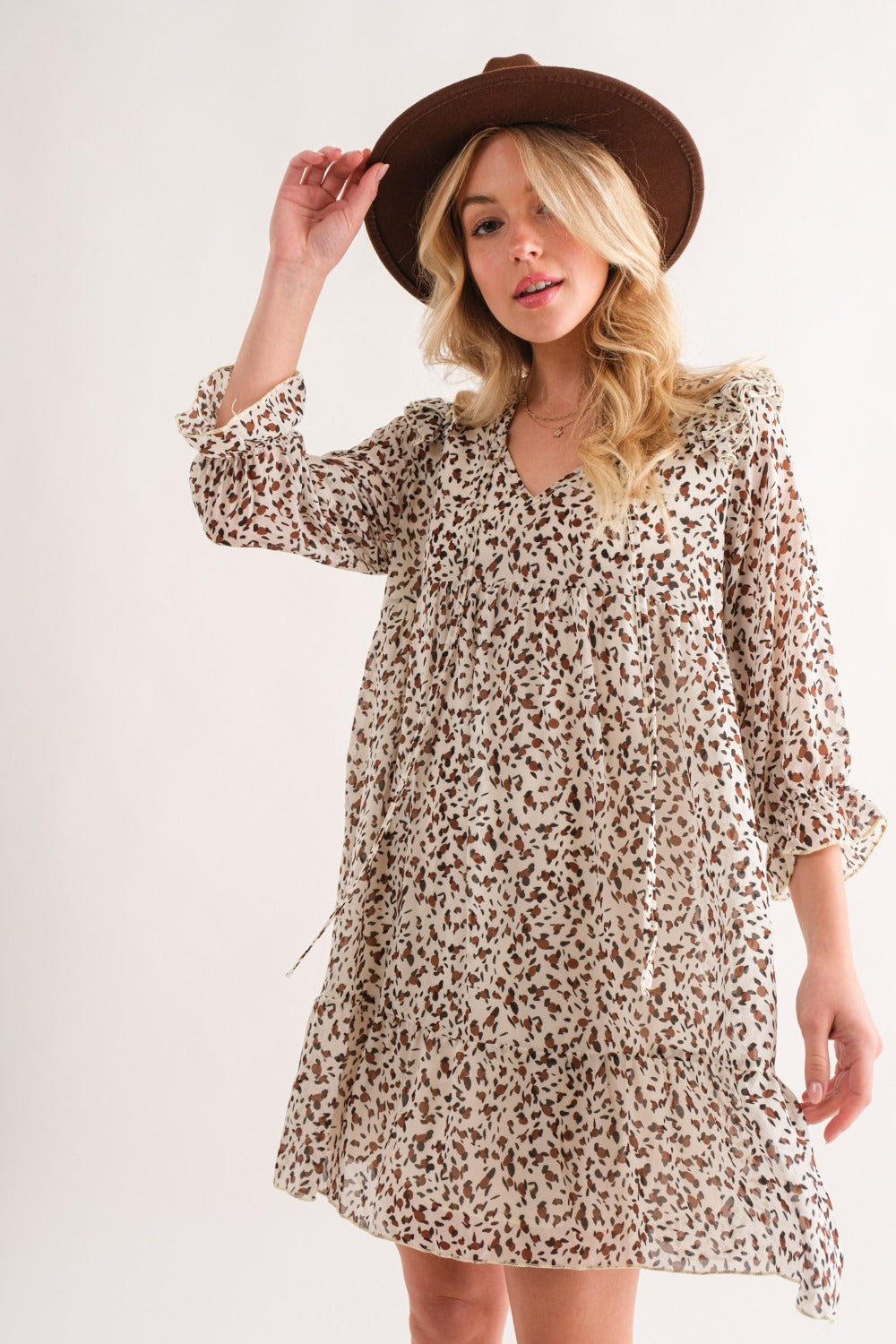 And The Why -Leopard Ruffle Hem Woven Mini Dress