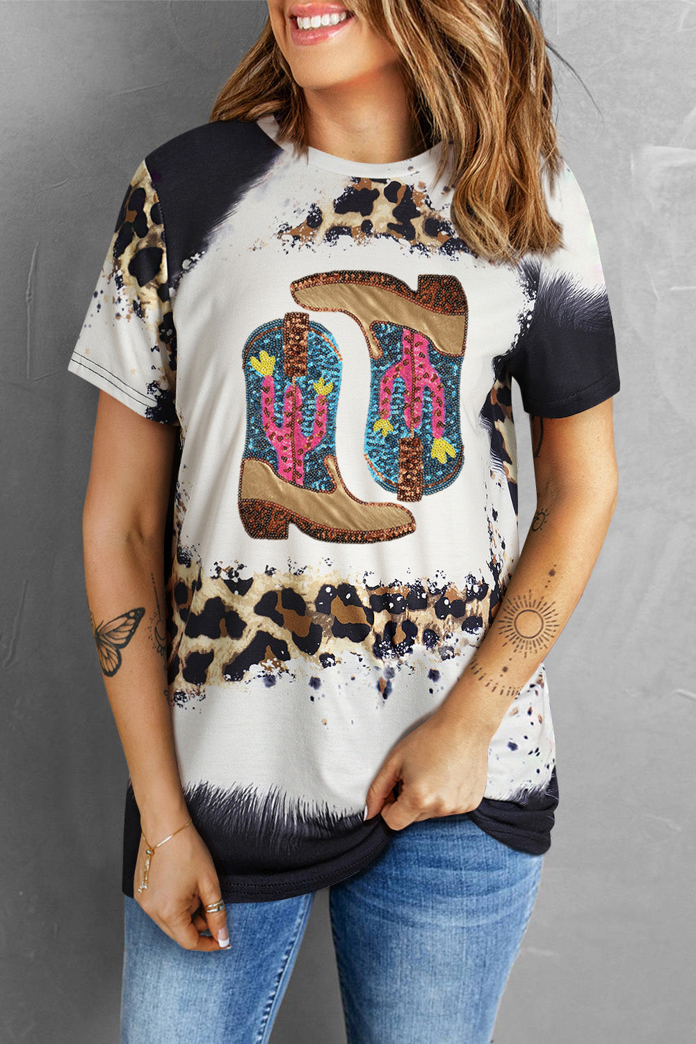 Sequin Boots Leopard Round Neck Short Sleeve T-Shirt