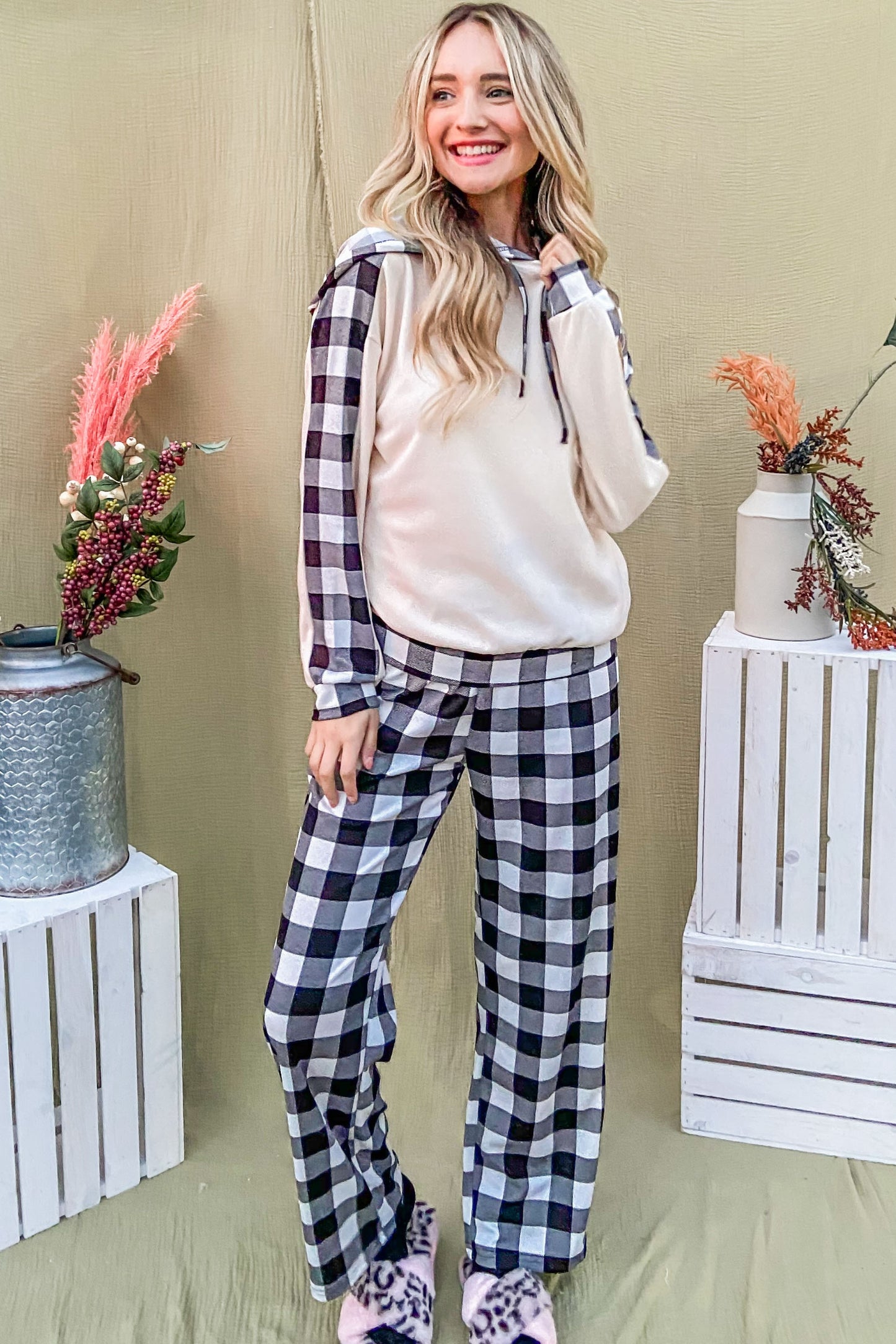 And The Why Drawstring Hooded Top and Plaid Pants Lounge Set