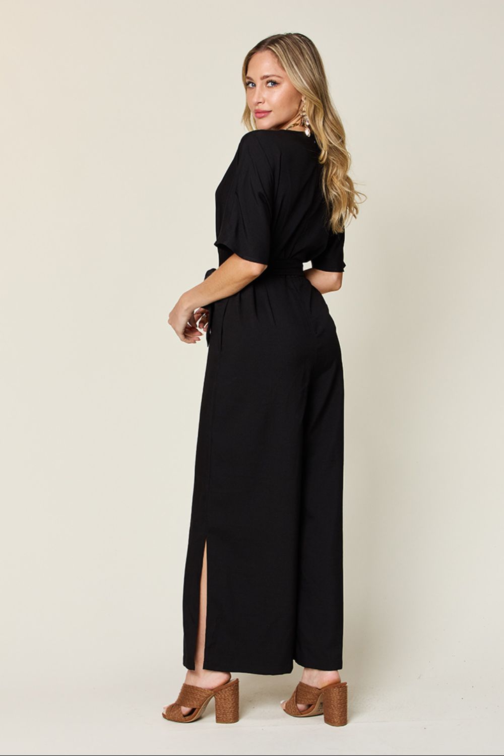 Double Take Full Size V-Neck Tied Side Slit Jumpsuit