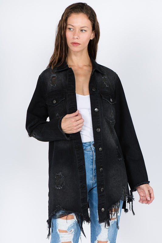 Distressed Frayed Hem Denim Jacket