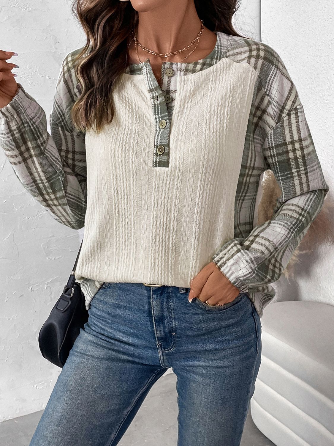 Perfee Plaid Half Button Long Sleeve T-Shirt